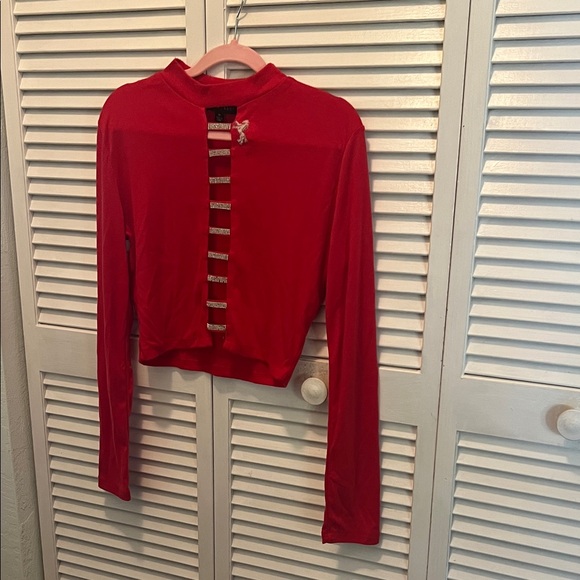 Faded Rose Tops - #0715+ Red Long Sleeve Top W/ WHT